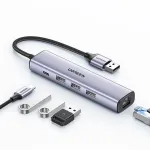 USB jagaja Ugreen, 3xUSB, RJ-45 Ethernet, USB-C PD, 5Gbps, alumiinium, 15 cm