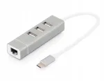 USB-keskus DIGITUS, 3 &uuml;hendust, USB 2.0, Type C, kiire Ethernetiga