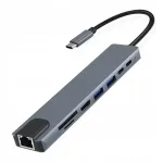 USB-C kontsentrator, 8 &uuml;hendust: RJ45, HDMI 4K, 2xUSB 3.0, SD, TF kaardid