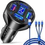 Auto laadija 4xUSB 7A 66W, 3xQC, 3in1 kaabliga