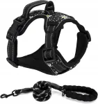 Koera rakmed ja rihm COOWONE, XL, mustad lilledega, helkuriga