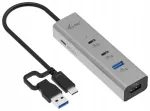 USB-C jaotur i-tec, 2x USB-C, 2x USB-A, 85W, metallist, 20 cm kaabel