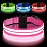 Roosa LED-valgustusega nailonist koera kaelarihm, M suurus, 43&ndash;52,5 cm, metalliga
