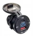 Alumiiniumist auto laadija USB-C ja USB QC3.0, sinise LED, 12/24V voltmeetriga