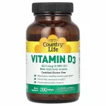 Vitamiin D3 62,5 &micro;g (2500 IU), 200 pehmet kapslit, Country Life