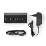 USB jagaja Nedis, 8 pesaga, QC3.0, USB 3.2 Gen1, 5 Gb/s, toitega, must