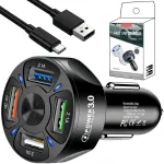 Autolaadija USB 4 pesa, PD QC 3.0, kaabliga