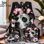 Laste seljakottide komplekt: sugar skull koerakujutise ja hibiskuse motiiviga, 3 osa &ndash; seljakott, &otilde;lakott, kosmeetikakott