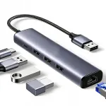USB-C jagaja 6in1: 3x USB-A 3.0, HDMI 4K, RJ45 LAN 1Gb, PD 100W