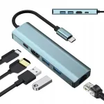 USB-C 5-pesaline adapter: USB 3.0, USB 2.0, PD 100W, LAN RJ45