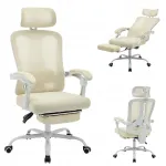 Valge ergonoomiline kontoritool jalatuge ja peatoega, 360&deg; p&ouml;&ouml;ratav