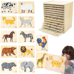 VIGA puidust puslede komplekt, 12 Montessori loomade puslet + alus