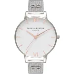 Olivia Burton Naiste Enchanted Garden kell OB16ES10 - 38mm roosakullast roostevabast terasest korpus, valge lilleline sihverplaat, hall nahast rihm