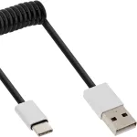 InLine USB 2.0 spiraalkaabel, USB-C isane / USB-A-pistik, must/alu, painduv, 0,5 m
