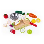 Janod Wooden Fruit and Vegetable Cutting Box Set - 18 Pieces Pretend Play Food with Knife and Cutting Board