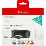 Canon PGI-72 MBK/C/M/Y/R 5 tindikasseti mitmikpakend, standardmahuga, ts&uuml;aan, magenta, mattmust, punane, kollane, 5 tk, 1640 lehek&uuml;lge, 710 lehek&uuml;lge, mitmikpakend