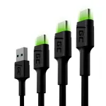 Green Cell GC Ray KABGCSET01 USB-A&ndash;USB-C kaablikomplekt, 3 tk (30 cm, 120 cm, 200 cm), roheline LED, kiirlaadimine QC 3.0, must