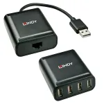 Lindy 60m 4 pordiga USB 2.0 Cat.6 pikendaja, USB 2.0, RJ-45, USB 2.0, must, metall, 52 mm, 60 mm
