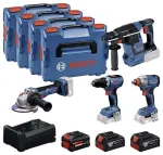 BOSCH POWERTOOLS Kombikomplekt 18V juhtmeta puur-keeraja, l&ouml;&ouml;kkeeraja, l&ouml;&ouml;kpuur, nurklihvija (4-t&ouml;&ouml;riista komplekt)