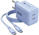 Forcell F-Energy GaN III VT-60 60W PD QC 4.0+ 2x USB-C seinalaadija sinine + USB-C kaabel