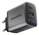 Seinilaadija AXAGON ACU-PQ67D, 67W, USB-C PD3.0 + USB-A QC4+, 2 v&auml;ljundit, LCD-ekraan, 100&ndash;240V