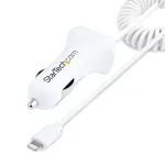 StarTech.com Lightning autolaadija keerdkaabliga, 1 m keerd-Lightning-kaabel, 12 W, valge, 2 pordiga USB-autolaaduri adapter telefonidele ja tahvelarvutitele, kahe USB-ga auto iPhone'i laadija