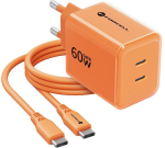 Forcell F-Energy GaN III VT-60 60W PD QC 4.0+ 2x USB-C seinalaadija oranž + USB-C kaabel