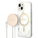 Guess GUBPP14MHMEACSH &uuml;mbris + juhtmevaba laadija Apple iPhone 14 Plus / iPhone 15 Plus, valge, hardcase, Marble, MagSafe