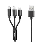 iLike Laadimiskaabel 3 in 1, USB-A &ndash; USB-C/Lightning/Micro USB, nailonpunutud, 1,2 m, must