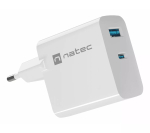 NATEC vahelduvvoolu juhtmega mobiilseadme laadija NUC-2142, USB-C PD 3.0 + USB-A, 5&ndash;20 V kuni 3 A, 45 W, valge