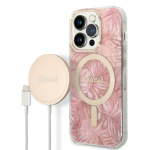 Guess GUBPP14LHJEACSP &uuml;mbris + juhtmevaba laadija Apple iPhone 14 Pro jaoks, Jungle, roosa k&otilde;va &uuml;mbris, MagSafe