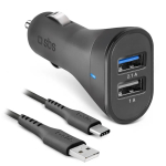 SBS Mobile USB-USB-C autolaadija komplekt, 2&times; USB 2.0 porti, 1 m kaabel, 12 W, 12/24 V sisend, must