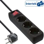 InLine pistikupesa riba, 3-suunaline maanduskontakt CEE 7/3, l&uuml;litiga, must, 3 m