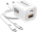 Forcell VT-41 GaN III 33W seinadapter 1x USB-C PD 3.0 & 1x USB-A QC 4.0 (valge)
