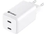 Sandbergi vahelduvvoolu laadija kahe USB-C PD65W EL pistikuga, siseruumides, vahelduvvool, 20 V, 3,25 A, valge