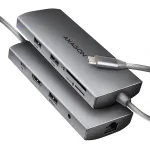 Axagon HMC-8HLSA, USB 5Gbps jaotur, 3x USB-A, HDMI 4k/60Hz, RJ-45, SD/microSD, heli, PD 100W