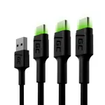 Green Cell Ray KABGCSET02 USB-A&ndash;USB-C kaablikomplekt (3 tk), 1,2 m, 480 Mbps, roheline LED-taustavalgus