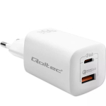 Qoltec 50765 GaN ULTRA 65 W laadija, 1&times; USB-C PD + 1&times; USB-A QC 3.0, 5&ndash;20 V, 2 seadmele, valge