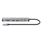 Manhattan USB-C Dock/Hub kaardilugejaga, pordid (x5): HDMI, USB-A (x2) ja USB-C (x2), toiteedastusega (PD) 100 W &ndash; vajab v&auml;list USB-C laadijat (ei ole kaasas). USB-toitega (v&auml;list toiteallikat pole vaja), kui PD-d ei kasutata.