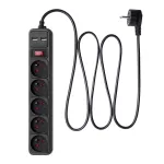 Akyga AK-SP-05U liigpingekaitsega pikendusjuhe, 5 CEE 7/5 (E-t&uuml;&uuml;pi) pistikupesa, 2x USB-A, 1,8 m, must