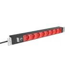 EFB ELEKTRONIK EK631CF.1V2 19-tolline 1U rack-kinnituse PDU, 8 x CEE 7/5 (t&uuml;&uuml;p E) punast pistikupesa, IEC C14 sisend, 10A &uuml;lekoormuskaitse, must