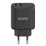 SAVIO LA-06/B 30 W seinalaadija, USB-A + USB-C, Quick Charge, Power Delivery 3.0, must