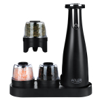 Adler AD 4449B elektriliste soola- ja pipraveskite komplekt, 3 veskit, keraamilised veskikivid, laetav USB-C kaudu, liitiumaku, 7 W, 150 ml, matt must