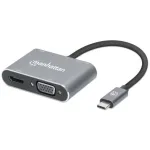 Manhattan USB-C dokk/jaotur, pordid (x4): HDMI, USB-A, USB-C ja VGA, toiteedastusega (PD) 87 W &ndash; vajab v&auml;list USB-C laadijat (ei kuulu komplekti). Toide USB kaudu (v&auml;list toiteallikat pole vaja), kui PD ei ole kasutusel, alumiinium