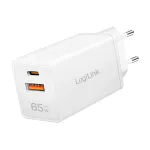 Logilink USB-A/C laadija 65 W GaN, 1x USB-A (QC), 1x USB-C (PD), valge