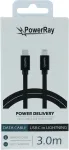 PowerRay USB-C to Lightning andme- ja laadimiskaabel 3m must tekstiilpunutud MFi sertifitseeritud PR-DCCL300TBK