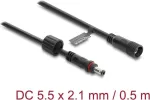 Delock DC pikenduskaabel 5,5 x 2,1 mm pistik-pesa M12 x 1,75 mm kruvilukuga, veekindel, 18 AWG, 0,5 m must