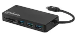 Manhattan USB-C dokk/jaotur kaardilugejaga, pordid (x3): USB-A (x3), 5 Gbps (USB 3.2 Gen1 ehk USB 3.0), v&auml;list toiteallikat pole vaja, universaalne k&otilde;igile seadmetele, SuperSpeed USB, must, kolmeaastane garantii