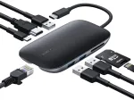AUKEY CB-C71 8-&uuml;hes USB-C jaotur, 3x USB-A 3.0, HDMI 4K@30Hz, Gigabit RJ45, SD/microSD, USB-C PD 100 W, 0,15 m kaabel, alumiinium, must