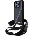 BMW M Edition Carbon Tricolor Lines Hard Case with Strap for Apple iPhone 15 Pro Max 6,7 inch Black